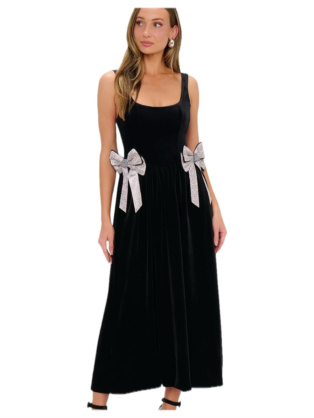 Show Me Your MuMu Black Velvet Maxi Dress with Silver Bow Details